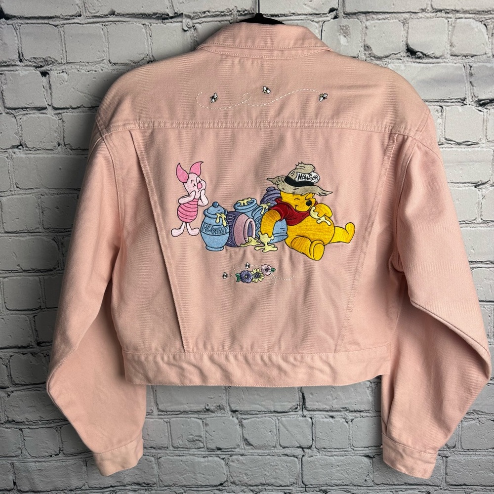 Vintage 90s Disney Winnie the Pooh Pastel Pink Cropped Denim Jacket Size Medium - Picture 2 of 12